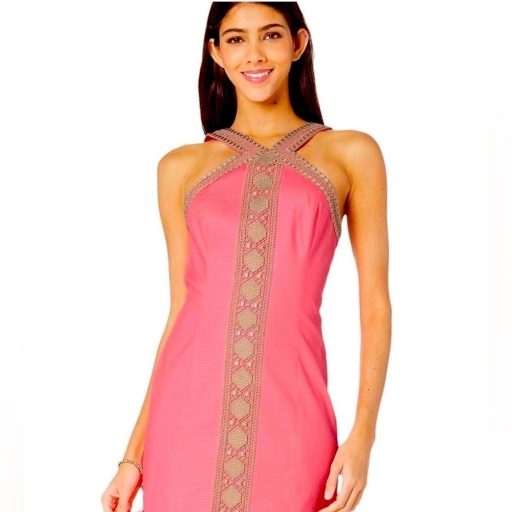 Lilly Pulitzer Vena Stretch Shift Dress Capri Coral Gold Embroidery Size 8 NWT